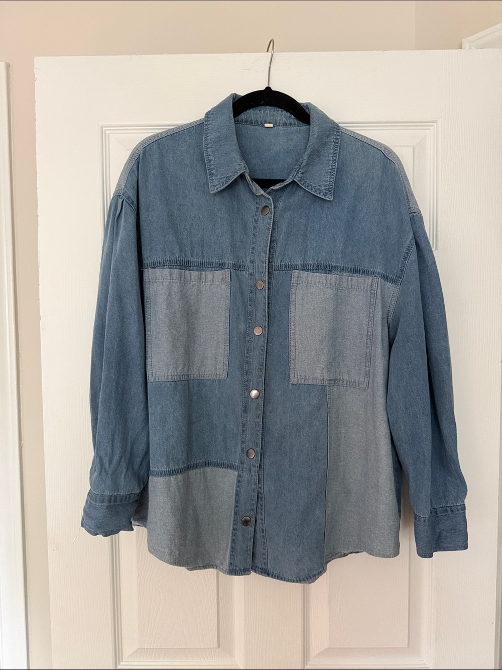 Light Blue Patchwork Denim Shirt Jacket - light weight snap buttons